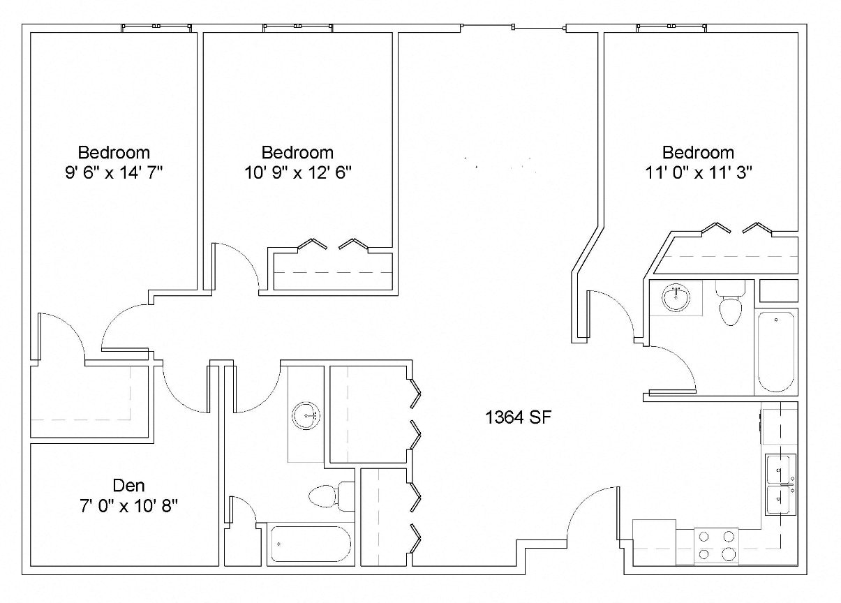 Floor plan for 3 beds, 2 baths, 1364 sqft